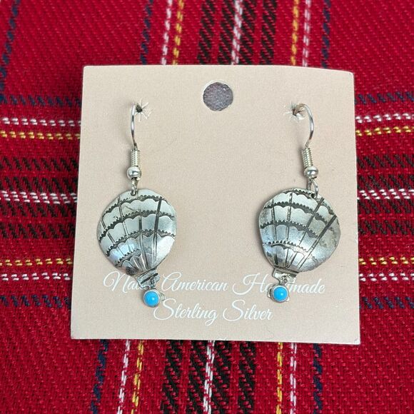 Sterling Silver Turquoise Hot Air Balloon Dangle Earrings Lucille Platero Navajo - Picture 1 of 6